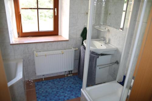 a small bathroom with a sink and a shower at Ferienwohnung am Stadtrand in Dresden