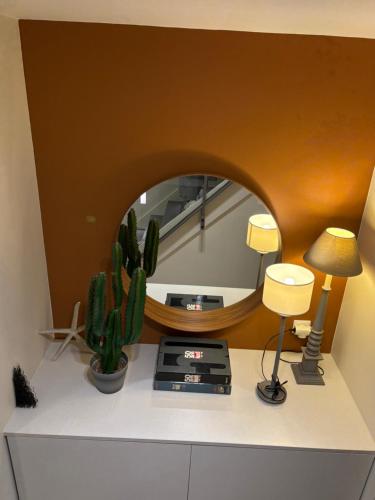 a room with a mirror and a lamp and a cactus at Villa Le Rubis in Agon-Coutainville