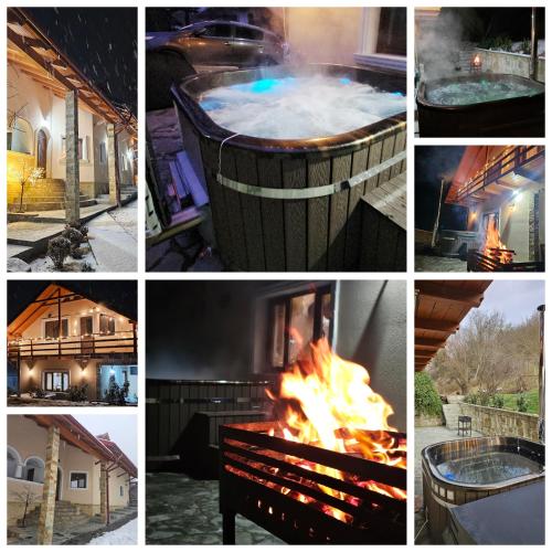 a collage of photos with a fire in a barrel at Casa Hera in Călimăneşti