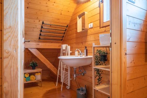 a bathroom with a sink and a wooden wall at Chalet Guapa in Bohinj