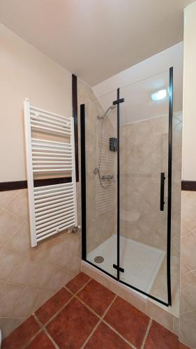 a bathroom with a shower with a glass door at Rioja en calma in Villalobar de Rioja