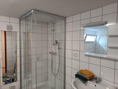 a bathroom with a shower and a sink at maison Le Wetz in Sainte-Marie-Kerque