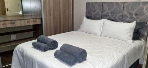 a bedroom with a bed with two pillows on it at 5 on Ash in Vanderbijlpark