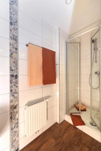 a bathroom with a shower and a radiator at Gasthof Robens in Dormagen