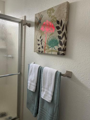 a bathroom with towels hanging on a towel rack at Turlocks Little Palace in Turlock