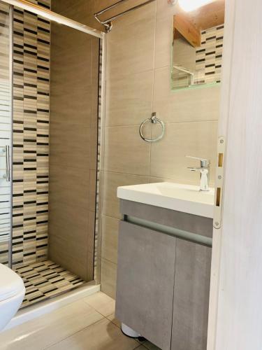 a bathroom with a shower with a sink and a toilet at Vita vi in Afionas