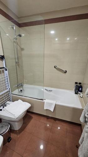 a bathroom with a shower and a tub and a toilet at Palacio San Facundo in Segovia