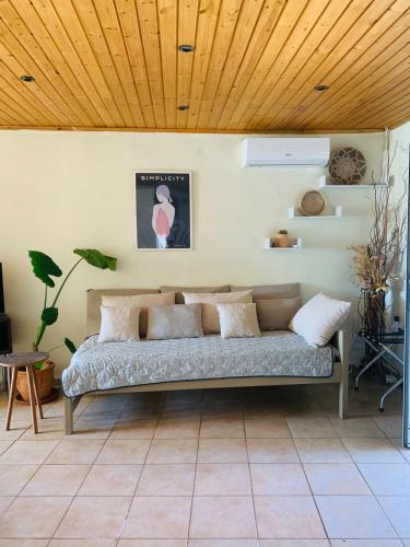 a couch in a room with a wooden ceiling at ventus in Afionas