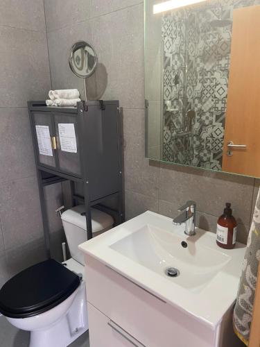 a bathroom with a sink and a toilet and a mirror at Coastal Vineyard Hideaway in Torres Vedras