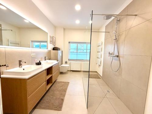 a bathroom with a shower and a sink and a toilet at Boddenhuus - Traumhaus mit Steg und Boot in Zudar