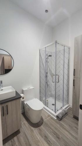 ein Badezimmer mit Toilette und Glasdusche in der Unterkunft La Baraque in Thetford Mines