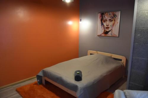 a bed in a room with a painting on the wall at Vinetas Apartments Nr4 Sunset in Cēsis
