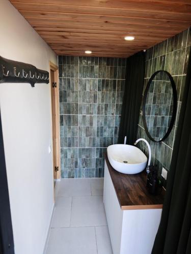a bathroom with a sink and a mirror at Merekalda Glämp in Moldova