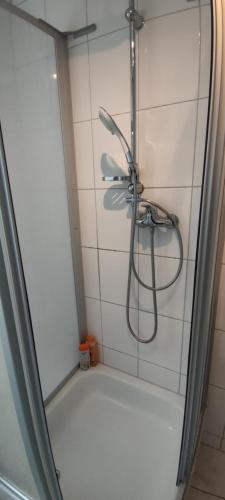 a shower with a shower head in a bathroom at Liberty Hafen - Arbeiten, Ankommen, Wohlfühlen in Bremerhaven