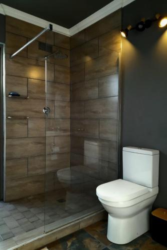 a bathroom with a toilet and a glass shower at RiverBanks in Wilderness