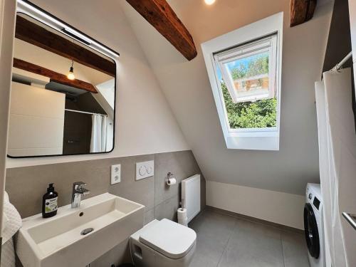 ein Badezimmer mit Waschbecken, Toilette und Fenster in der Unterkunft TheBlueInn in Wasserburg am Inn