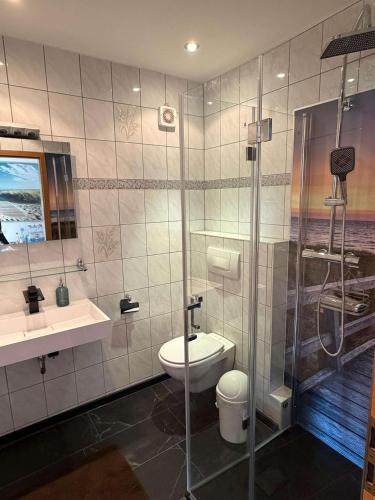 a bathroom with a shower and a toilet and a sink at Ferienwohnung Storchennest in Bad Liebenstein