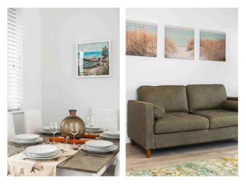 a living room with a couch and a table at Ferry Fab Pad By My Getaways in Brighton & Hove