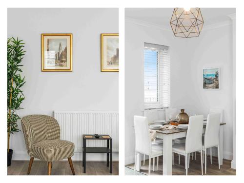 a dining room with a white table and white chairs at Ferry Fab Pad By My Getaways in Brighton & Hove