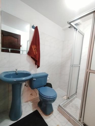 a bathroom with a blue toilet and a sink at Hotel Condeza in La Paz
