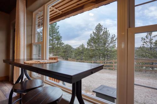 a ping pong table in front of a window at Columbine Cabin at Highland Meadows in Hot Springs