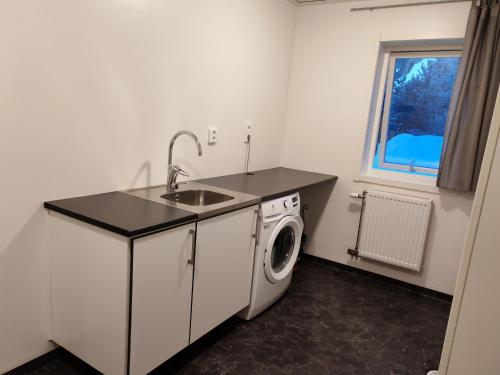 eine Küche mit Spüle und Waschmaschine in der Unterkunft Ailotar in Inari
