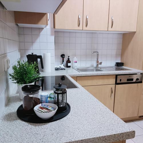 a kitchen with a counter top with a bowl of food at TauberNest in Bad Mergentheim