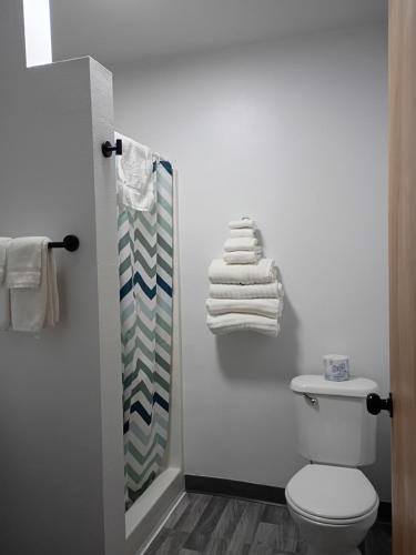 a bathroom with a toilet and a shower with towels at Lake Stop Resort in Buffalo