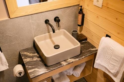 a bathroom with a sink on a counter at Chalet Village Bran in Bran