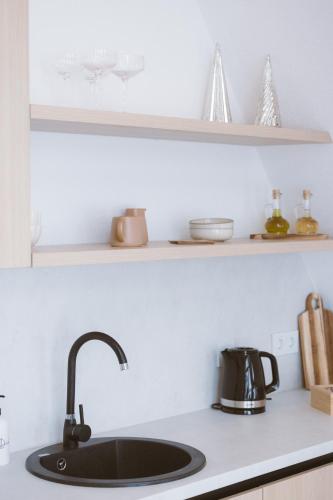 a kitchen counter with a sink and shelves at De Villa Bey in Kupres