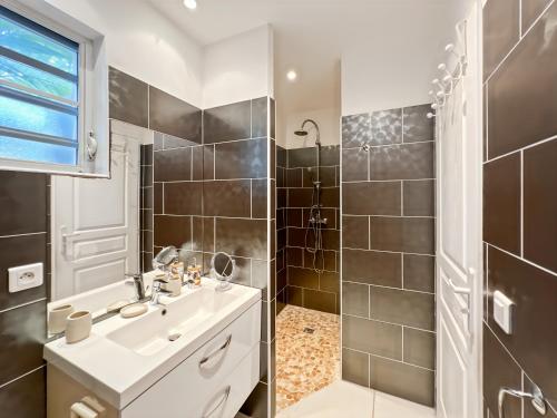a bathroom with a sink and a shower at Mango Rouge, 2 bedrooms & pool in Saint Martin