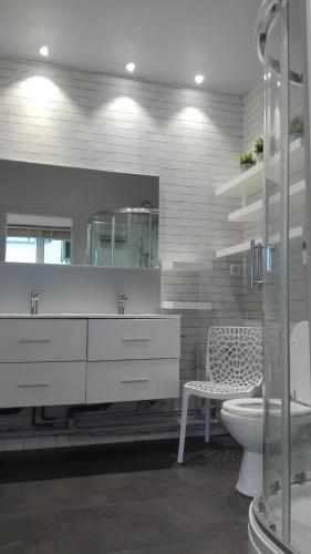 une salle de bain avec un lavabo, des toilettes et un miroir dans l'établissement Le Bruxelles, 1 Chambre, Rez de Chaussée, Terrasse Sud, à Le Touquet-Paris-Plage