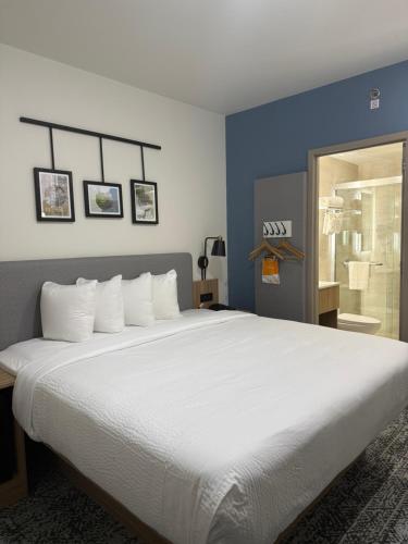 a bedroom with a large white bed with blue walls at Sleep Inn in Brooklyn