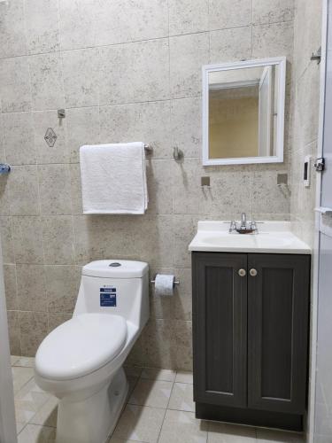 a bathroom with a toilet and a sink and a mirror at Habitaciones Huitzilin in Brisas de Zicatela