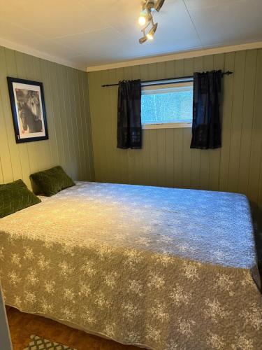 a bedroom with a large bed with a window at Lite hus i Vestre Slidre in Vollen