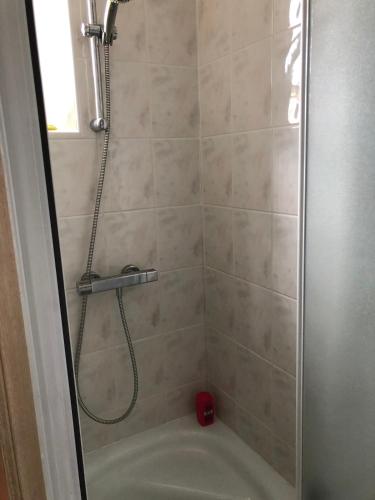 a shower with a shower head in a bathroom at Studio AG in Mellet