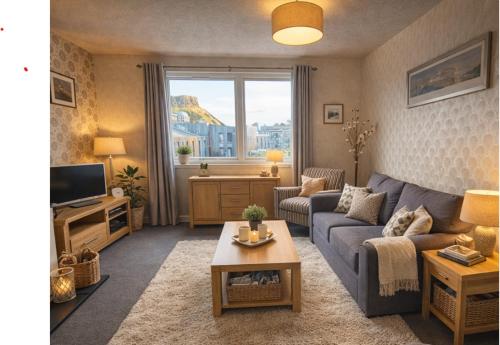a living room with a couch and a tv at Royal Mile Famous Canongate Flat in Edinburgh