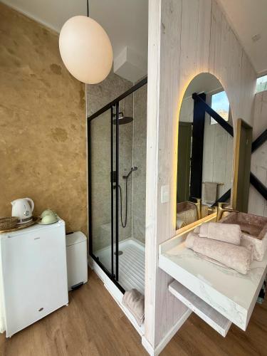 a bathroom with a shower and a glass door at Bed & Breakfast Casa Ziré in Navidad