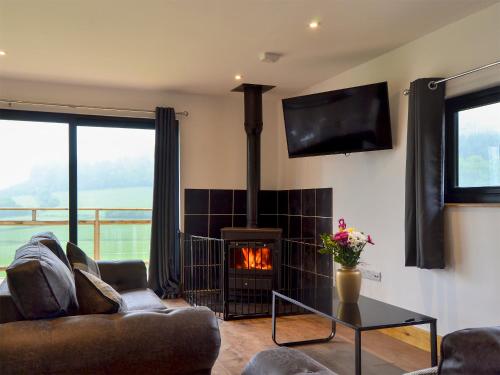 a living room with a couch and a fireplace at Offa's Dyke Lodge - Uk10835 in Old Radnor