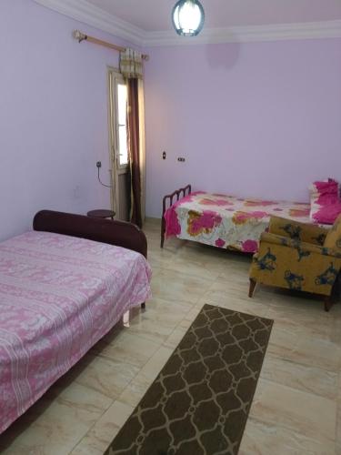 a living room with two beds and a rug at Charming blue see view apartment in Alexandria