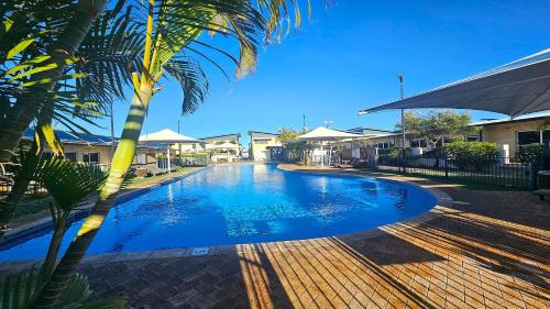 a swimming pool with a palm tree next to it at Mariner Apartments Geraldton in Geraldton
