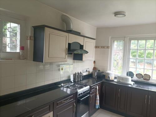 a kitchen with black and white appliances and windows at Snow Leopard Lodge in Srinagar