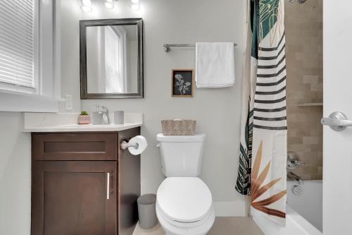 a bathroom with a toilet and a sink and a mirror at Downtown Dallas 1BD Haven in Dallas