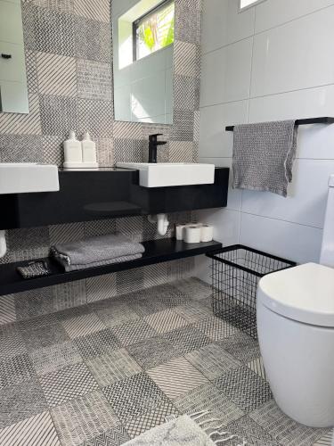 a bathroom with a toilet and a sink and a mirror at Napier Apartment Ahuriri in Napier