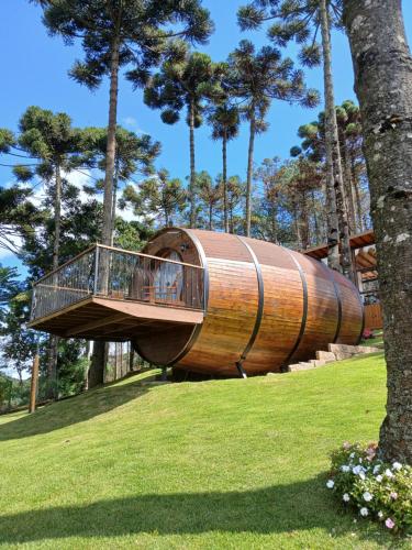 a tree house with a deck in a park at Pousada Villa Barril in Monte Verde