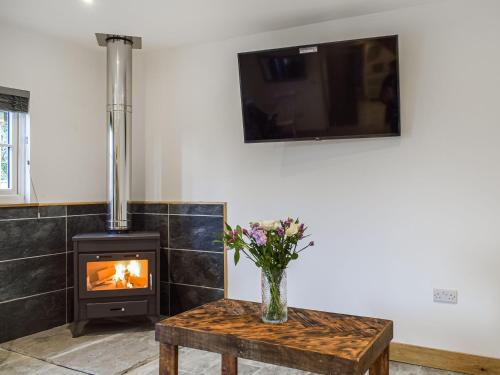 a room with a fireplace and a vase of flowers on a table at Middle Hanter - Uk37355 in Old Radnor