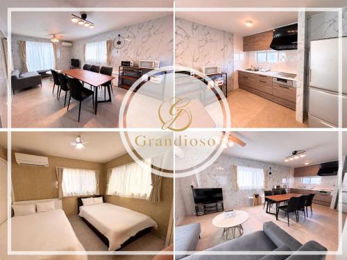 a collage of photos of a living room and a kitchen at グランディオーソ沖縄ヴィラ恩納3 in Onna