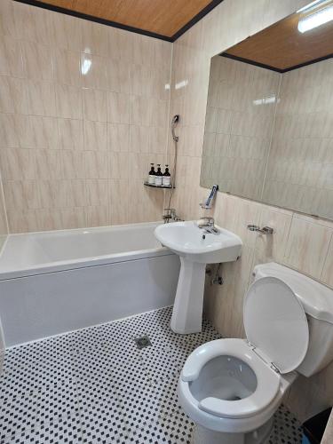 a bathroom with a toilet and a sink and a tub at Taebaek The Palace Hotel in Taebaek