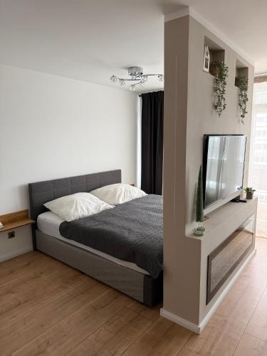 a bedroom with a bed and a flat screen tv at FeWo am Hansa Park in Sierksdorf