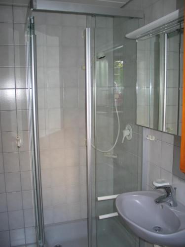 ein Bad mit einer Dusche und einem Waschbecken in der Unterkunft 2-Zimmer-Ferienwohnung Gartenblick in Rottweil
